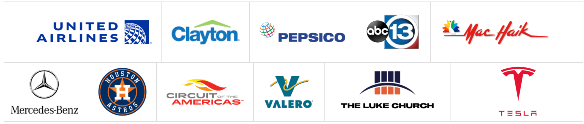 Trusted by United Airlines, Clayton, PepsiCo, ABC13, Mac Haik, Mercedes-Benz, Houston Astros, Circuit of the Americas, Valero, The Luke Church, and Tesla
